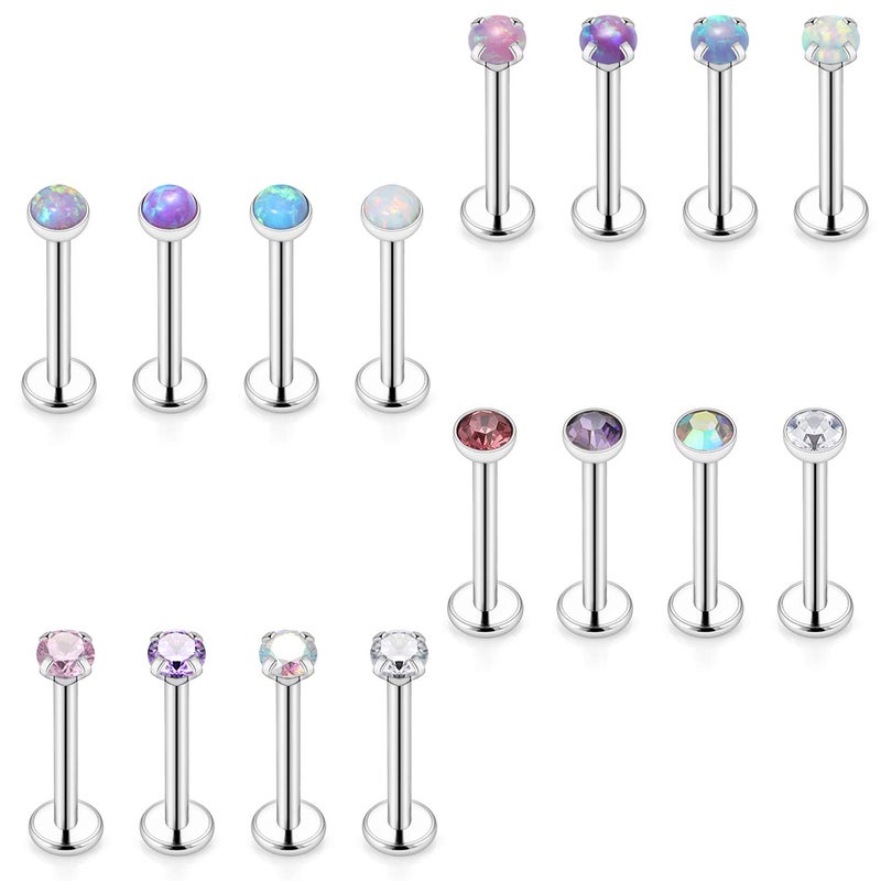SCERRING 16PCS 16G 2mm Clear CZ Opal Internally Threaded Labret Monroe Lip Ring Tragus Nail Helix Earring Stud Piercing Jewelry Bar Length 8mm - Image 1